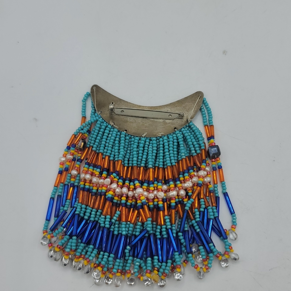 Artisan Beaded Crescent Fringe Brooch Glass Bead Statement Orange Blue Turquoise - Picture 8 of 13